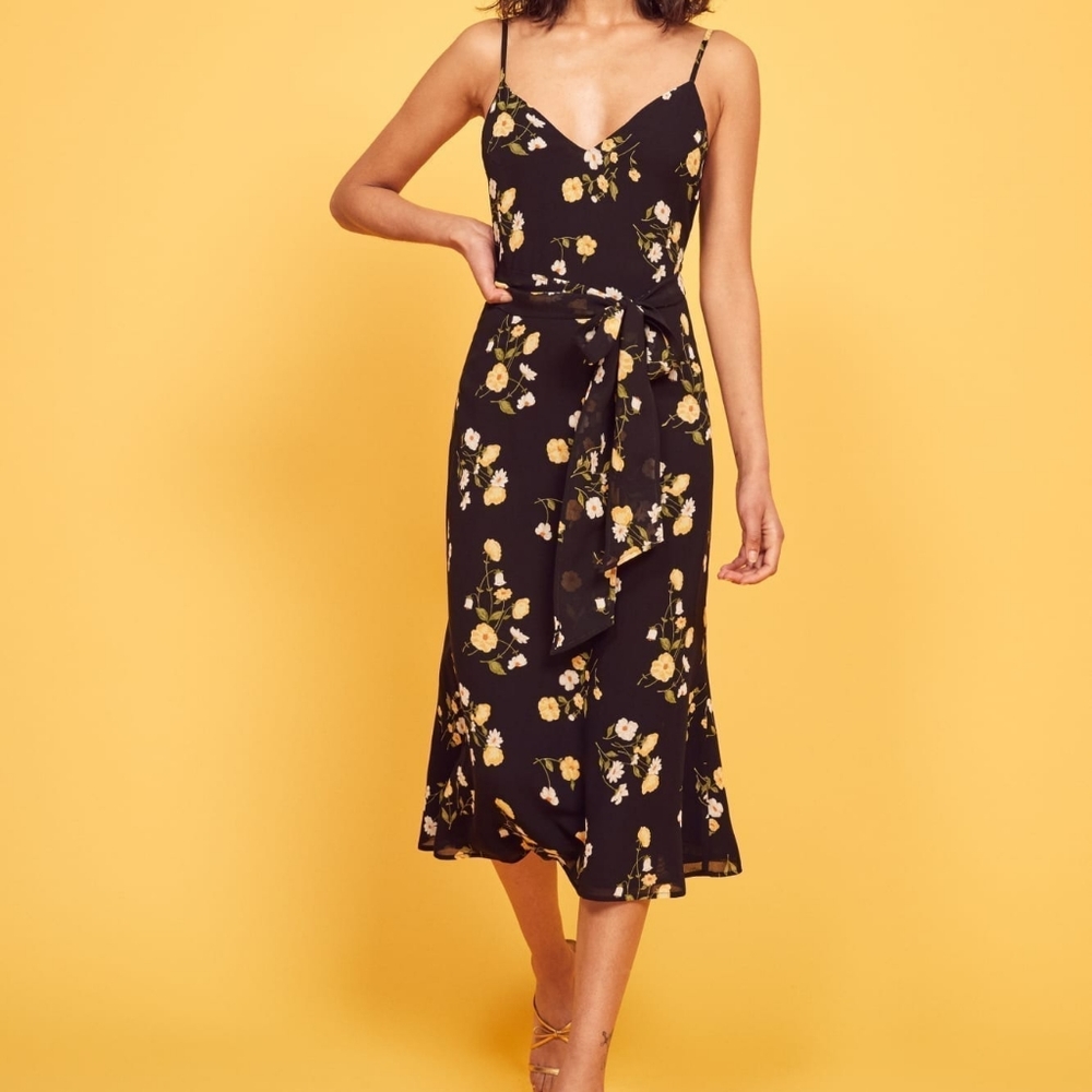 Reformation Dietrich Petite Midi Dress in Piazza Black Floral